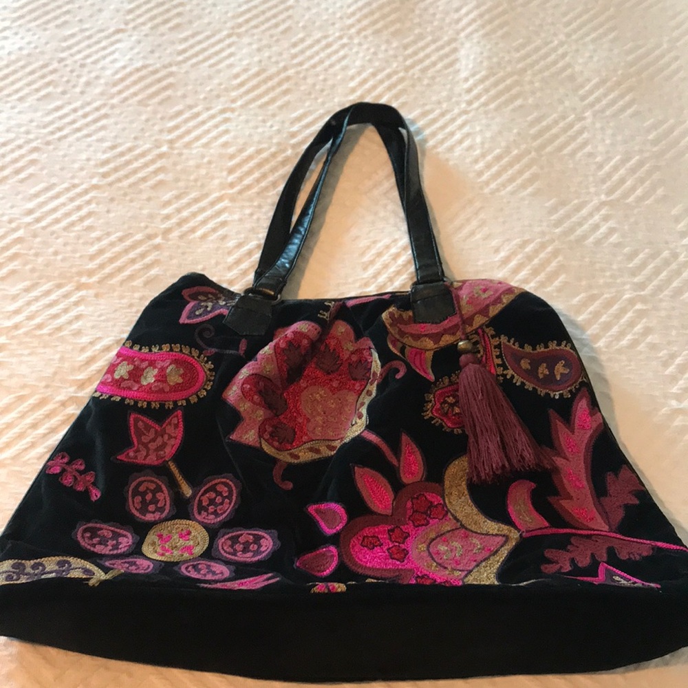 Boho Chic black/pink fabric/leather shoulder bag
